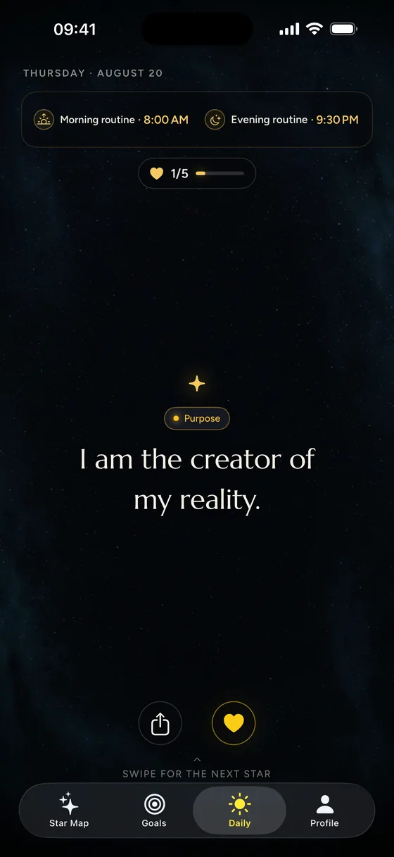Daily affirmation screen with practice and library.