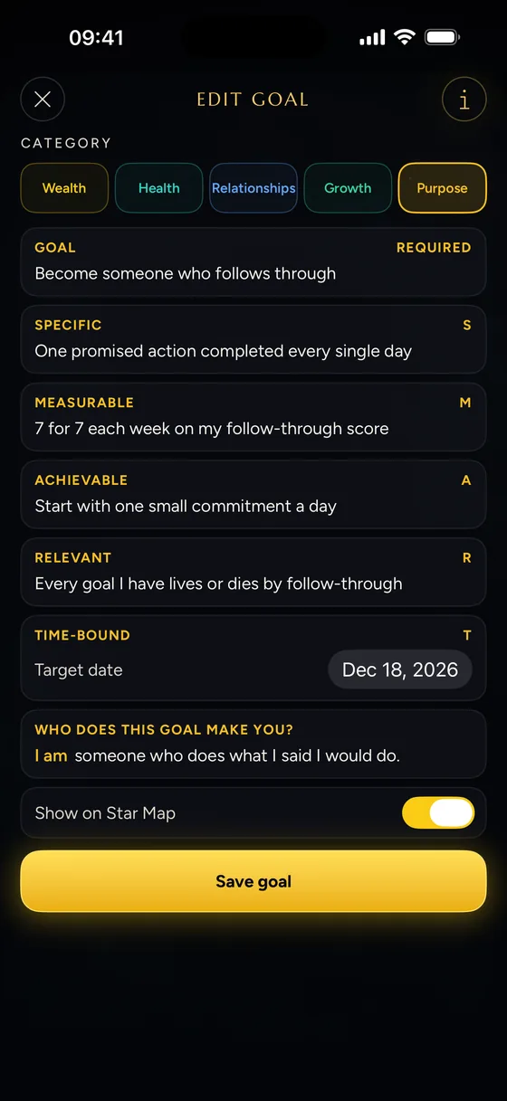 SMART goal editor with specific, measurable and timed fields.