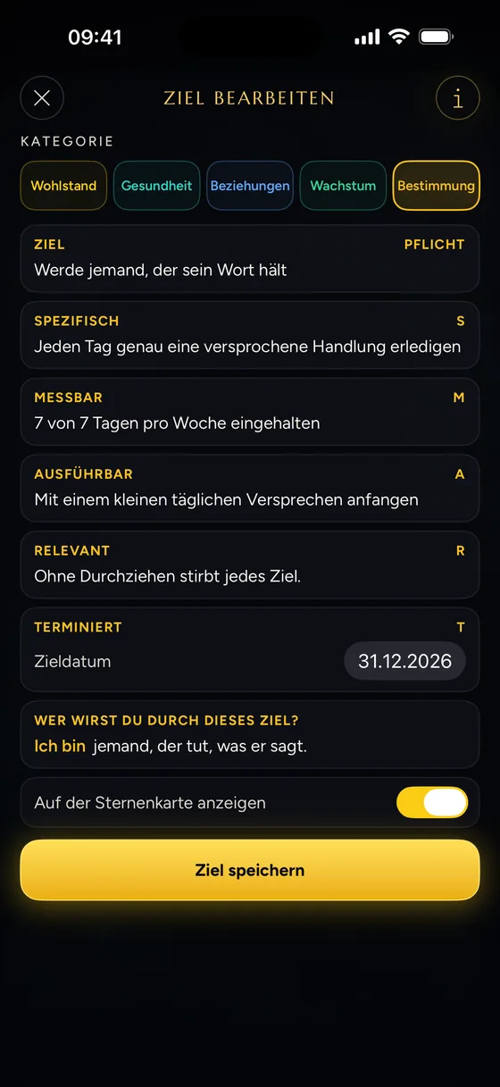 SMART Editor mit konkreten, messbaren und terminierten Feldern.