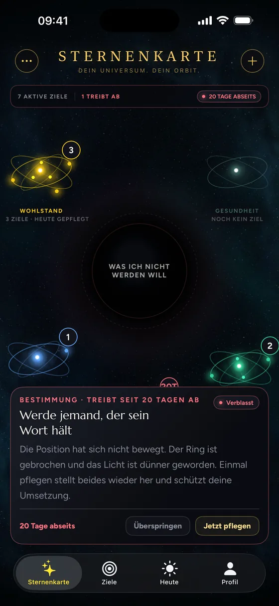Die Starpath Sternenkarte mit Zielen als Sterne in fünf Lebenshäusern.